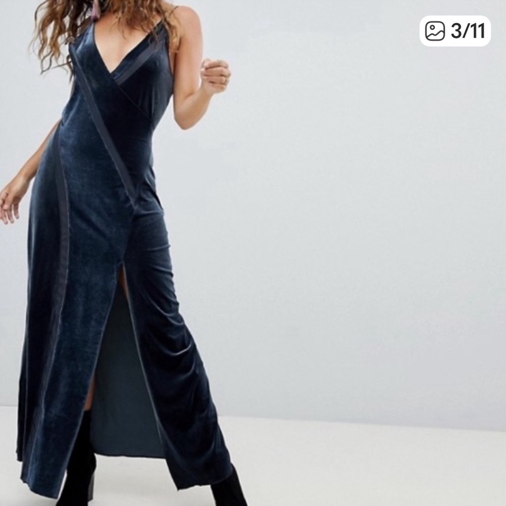 Vintage free people spliced Velvet maxi Dress in moody dusky blue